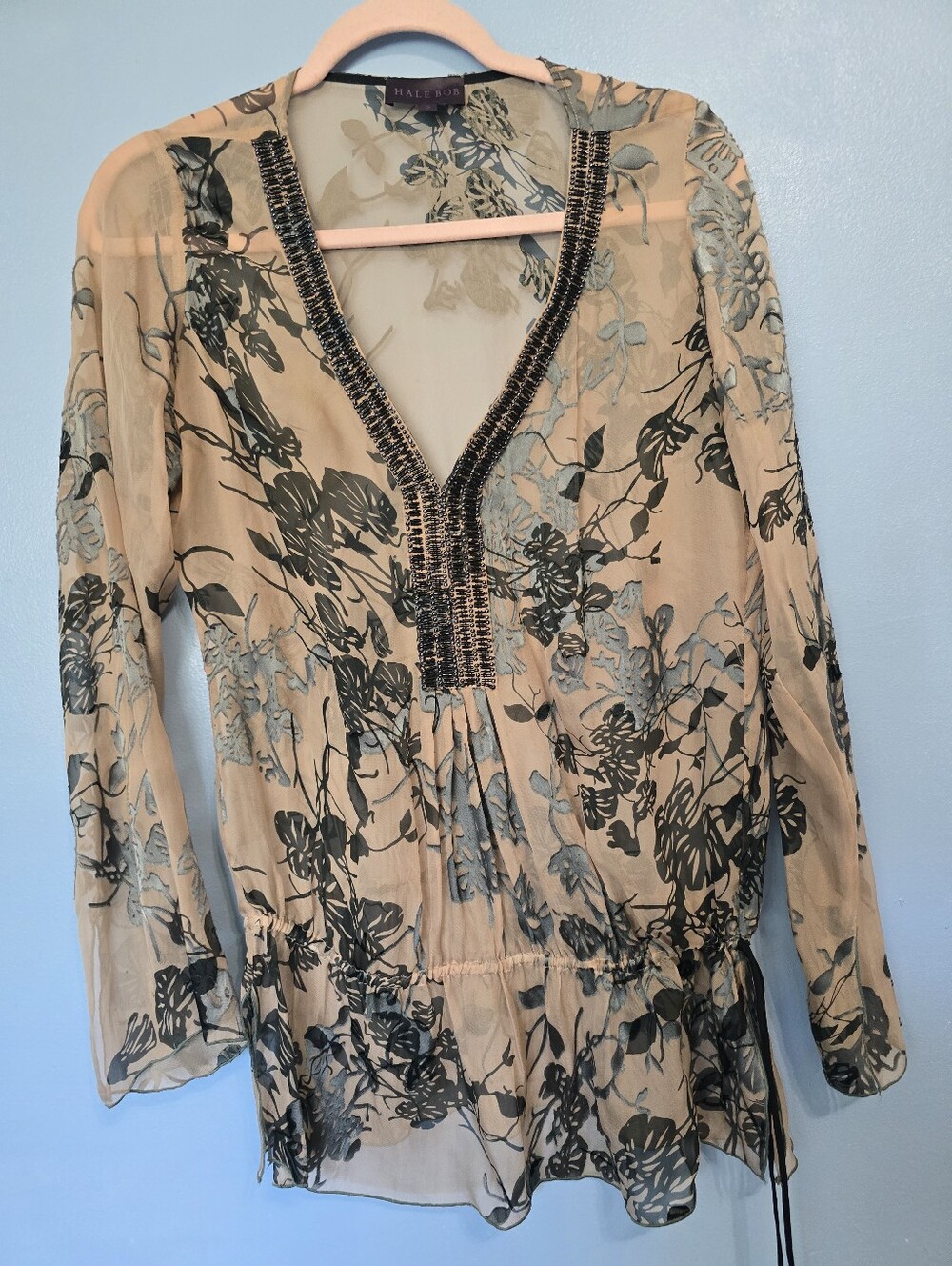 Hale Bob Beige Silk Blend Floral Embelished V-Neck Tunic S